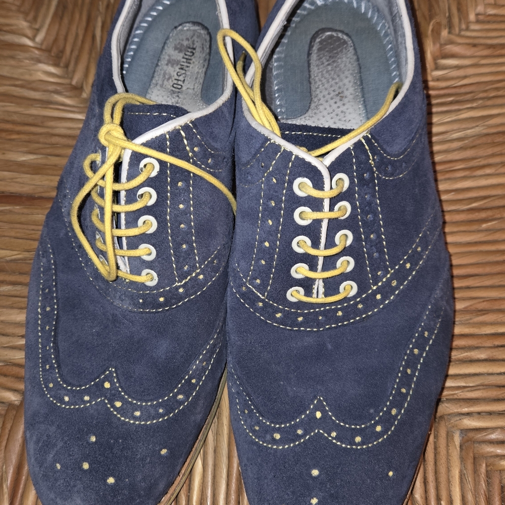 Johnston Murphey Men's Navy Suede Wingtip Shoes with Yellow Laces